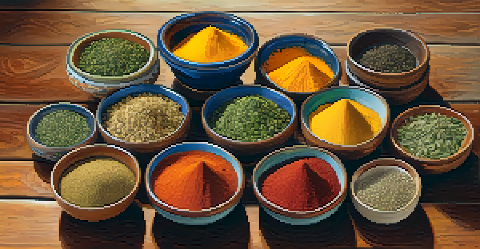 An assortment of spices and herbs in small bowls on a wooden kitchen counter.