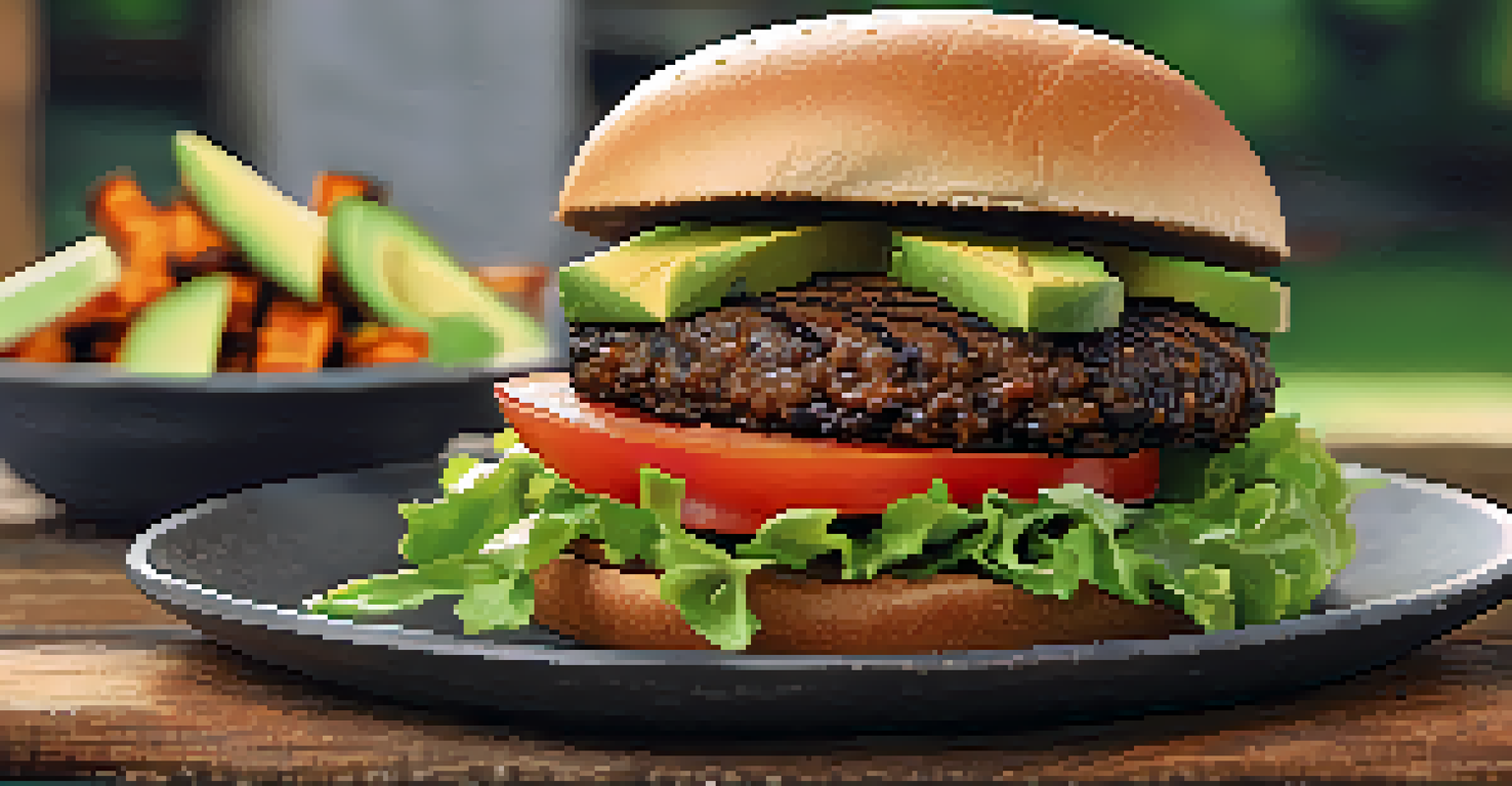 A close-up of a vegetarian burger with a black bean patty, avocado, and sweet potato fries on the side, set in a natural outdoor setting.