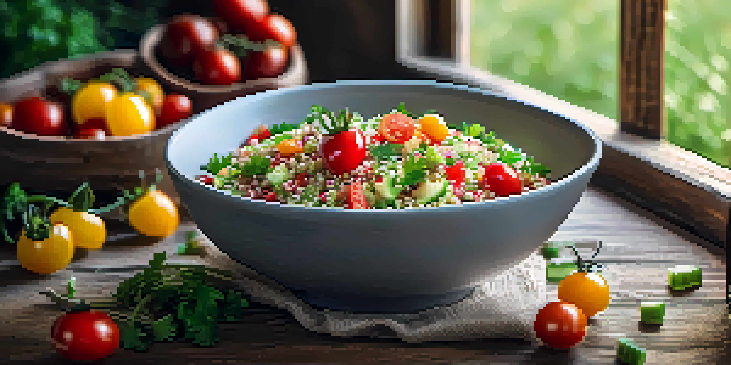 A colorful bowl of quinoa salad with cherry tomatoes and cucumber on a wooden table, illuminated by sunlight.