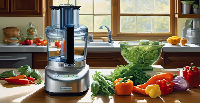 A modern food processor surrounded by fresh vegetables on a wooden countertop in a bright kitchen.