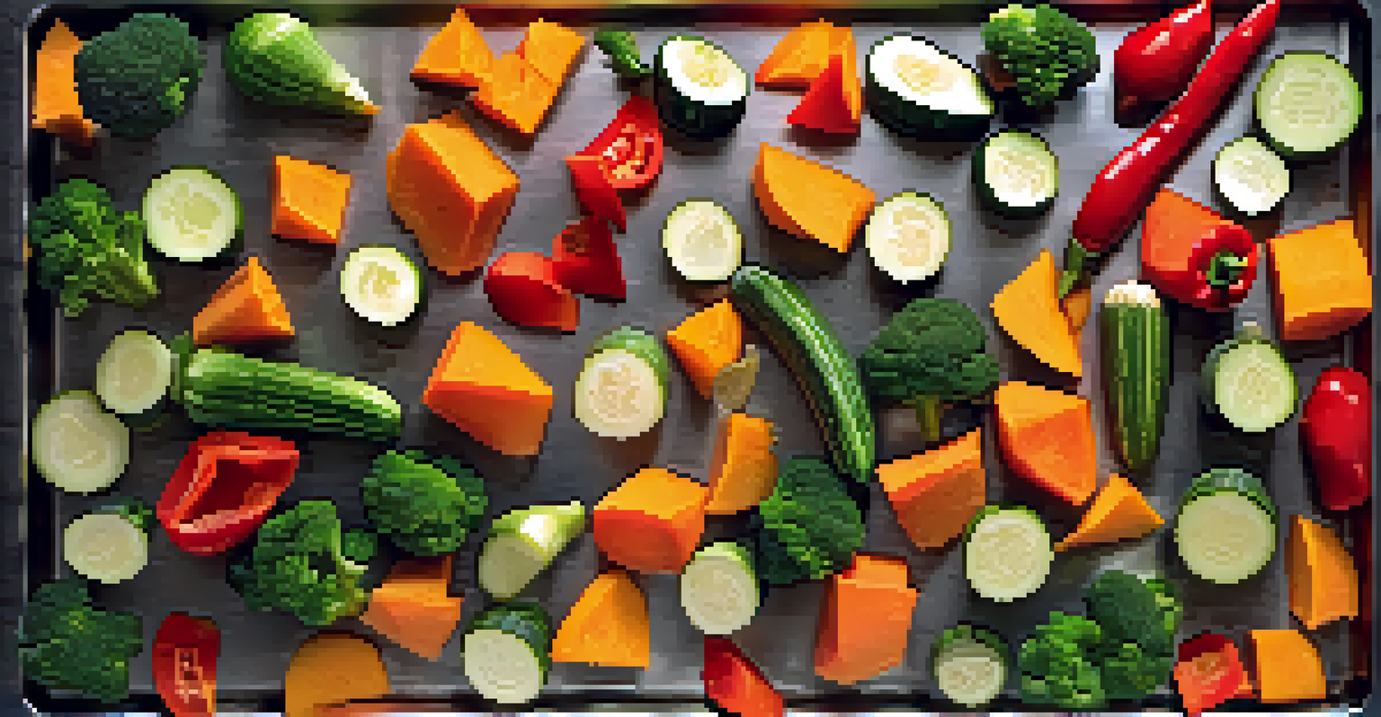 Close-up of diced sweet potatoes, zucchini, and bell peppers on a baking tray ready for roasting.