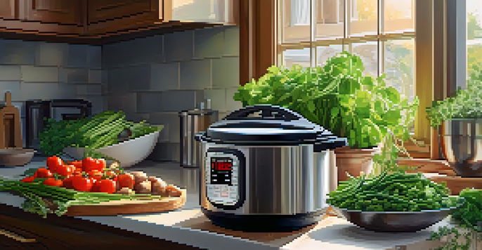 A well-lit kitchen with an Instant Pot and fresh vegetables on the countertop, creating a warm and inviting atmosphere.