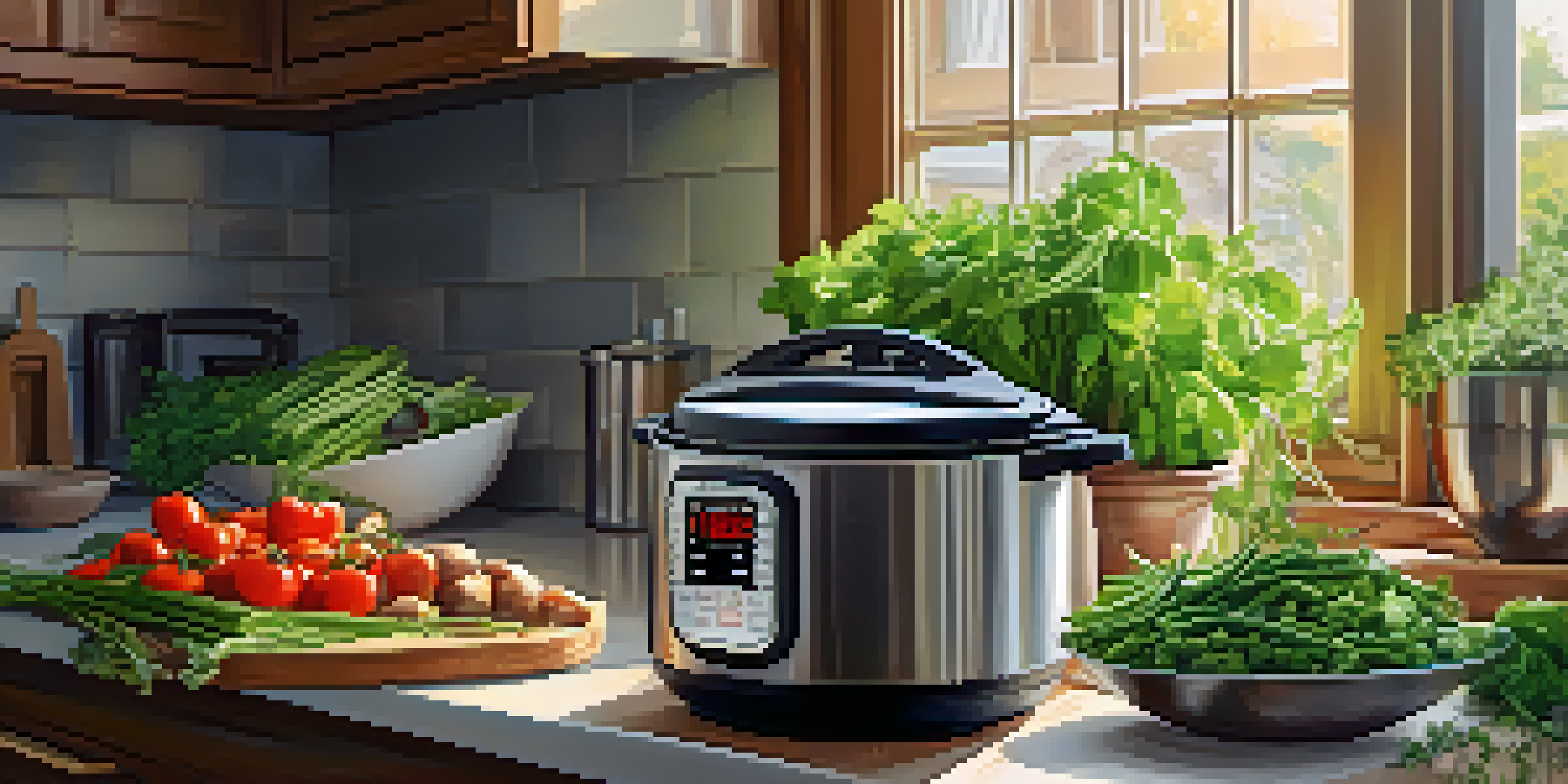 A well-lit kitchen with an Instant Pot and fresh vegetables on the countertop, creating a warm and inviting atmosphere.