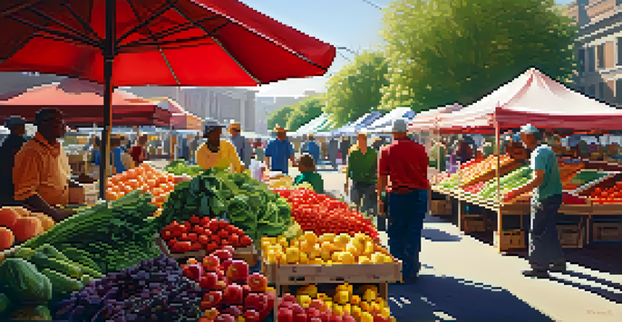 A lively farmer's market with colorful fruits and vegetables, sunlight illuminating the scene and people of various backgrounds interacting.