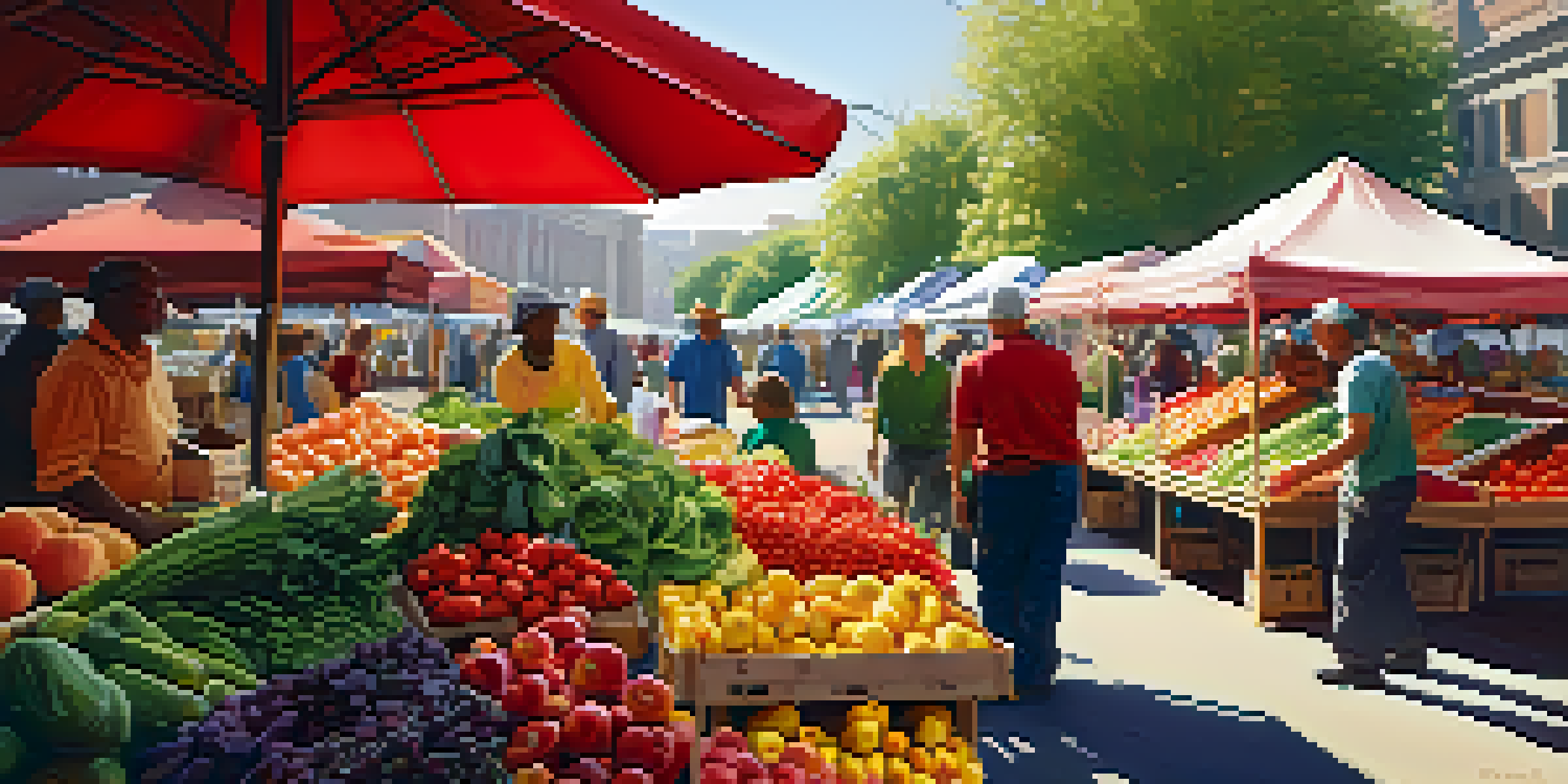 A lively farmer's market with colorful fruits and vegetables, sunlight illuminating the scene and people of various backgrounds interacting.