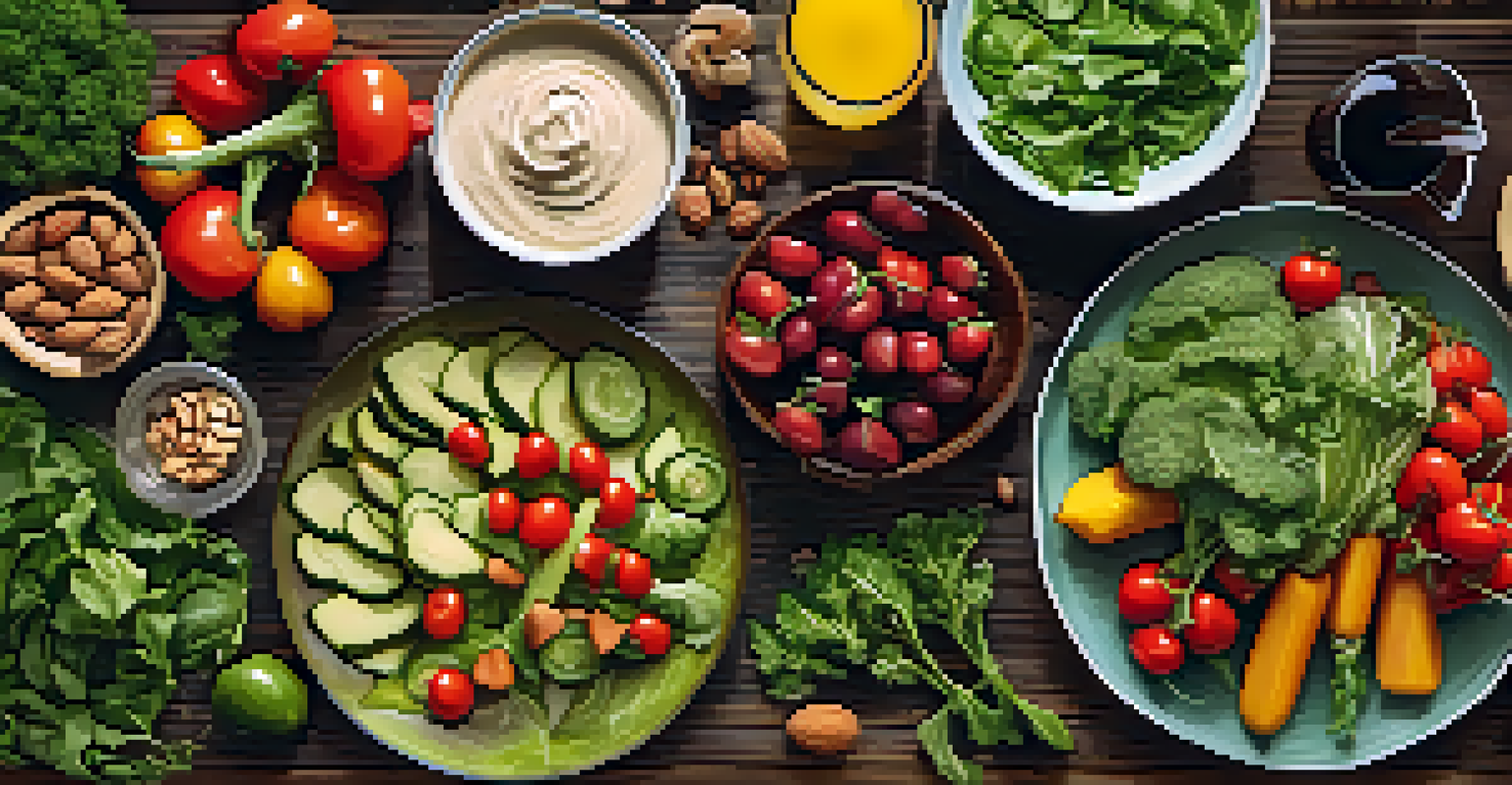 An overhead shot of a colorful vegetarian meal with fresh ingredients on a rustic wooden table, illuminated by sunlight.