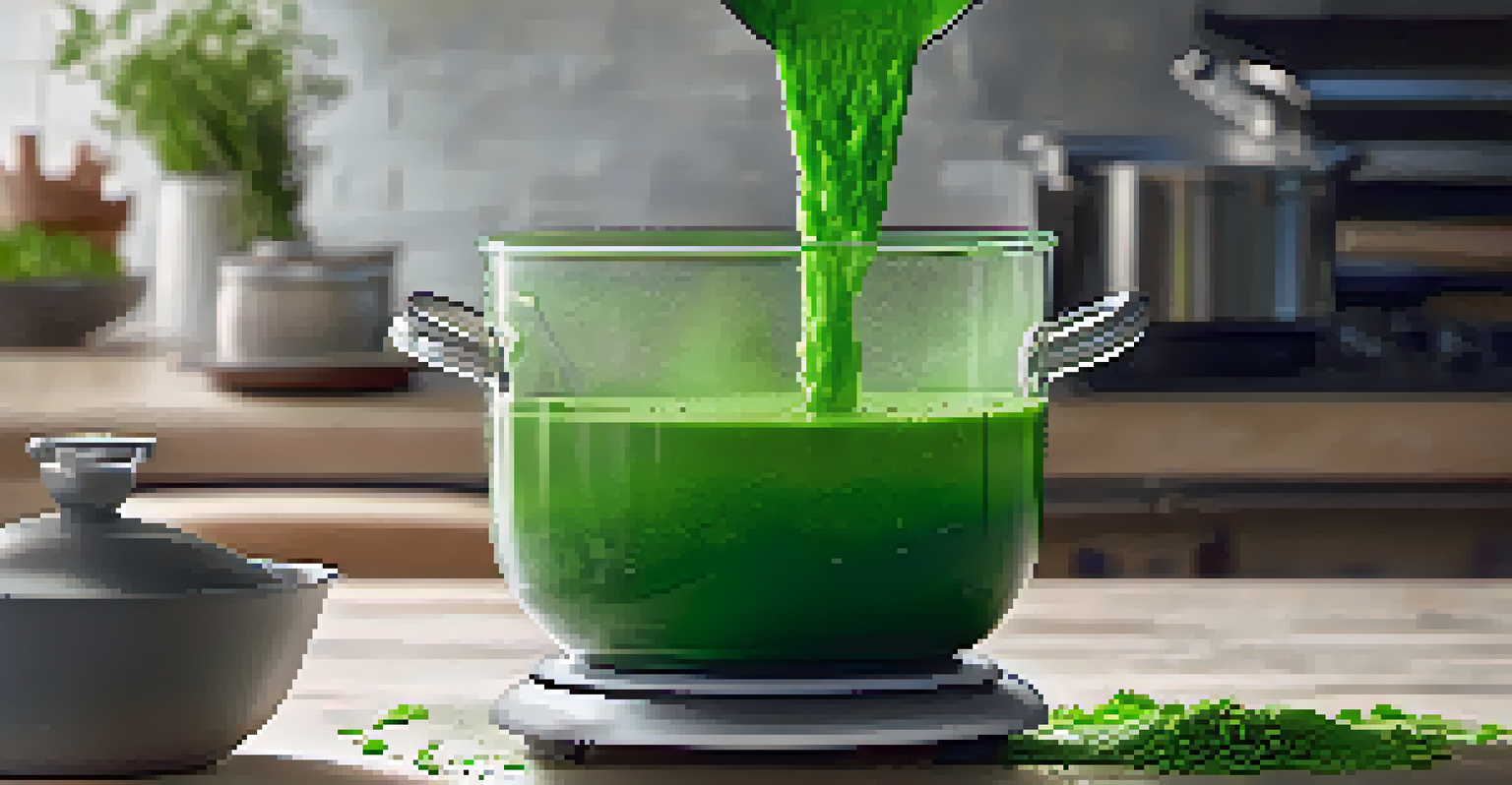 A close-up of a pot of green purée being blended, with herbs on the countertop.