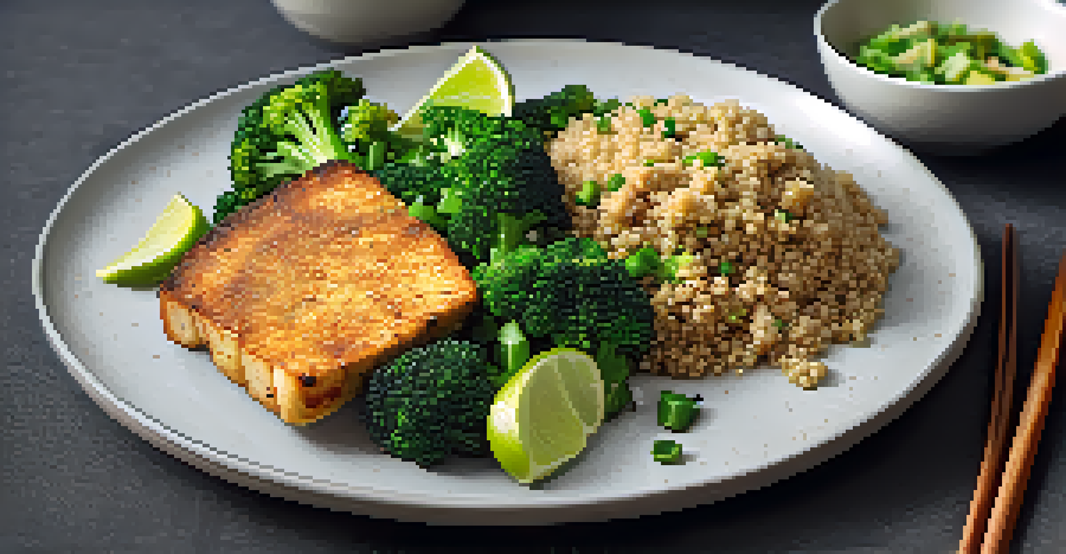 A plate of stir-fried broccoli and tofu with quinoa, garnished with lime on a dark table.