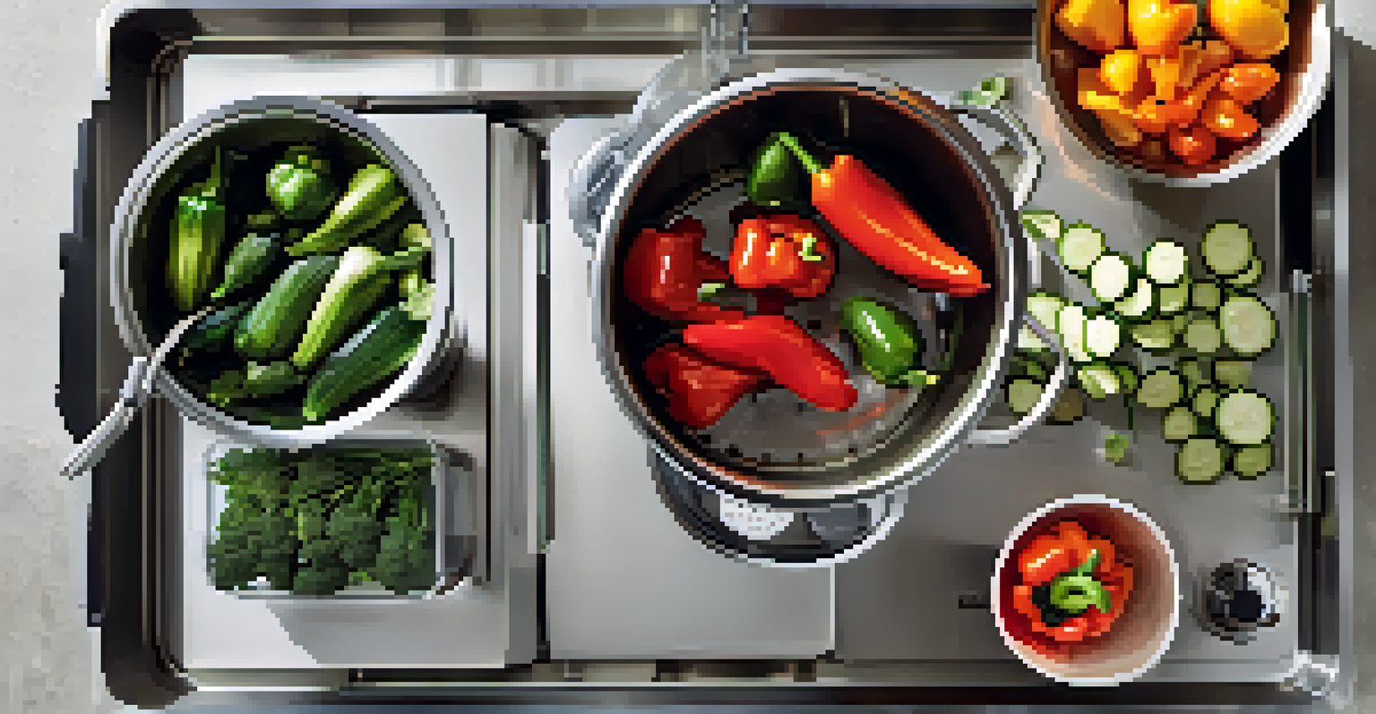 An overhead view of a sous vide cooking setup with a pot of water, an immersion circulator, and colorful vegetables in bags.