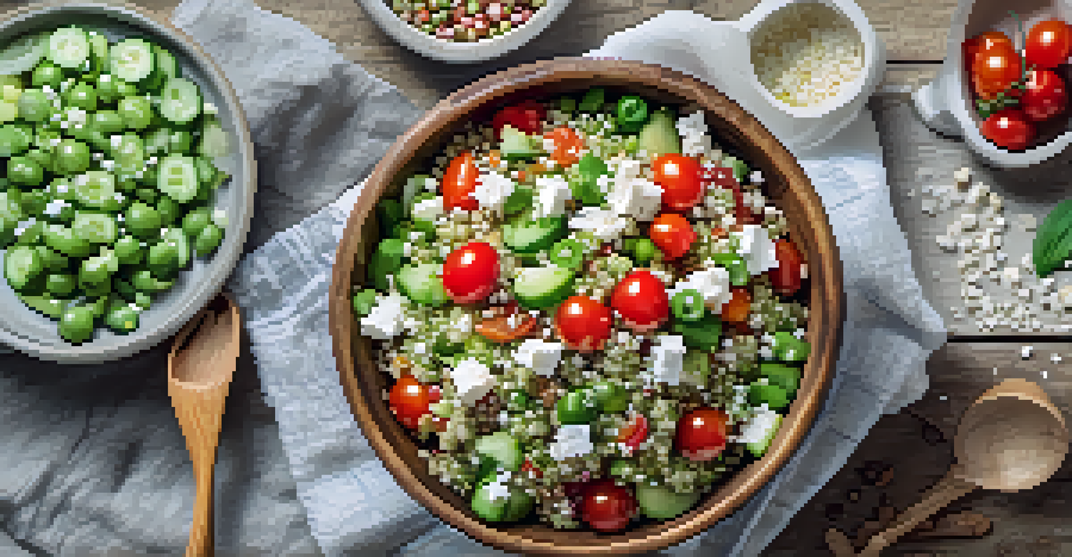 An overhead view of a quinoa salad with peas, cherry tomatoes, cucumbers, and feta cheese in a rustic bowl.