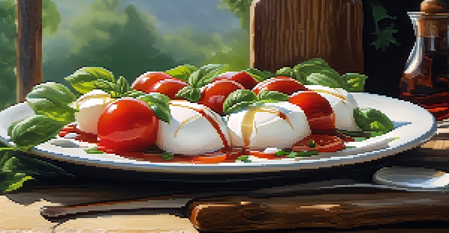 A plate of caprese salad with tomatoes, mozzarella, and basil on a wooden table.