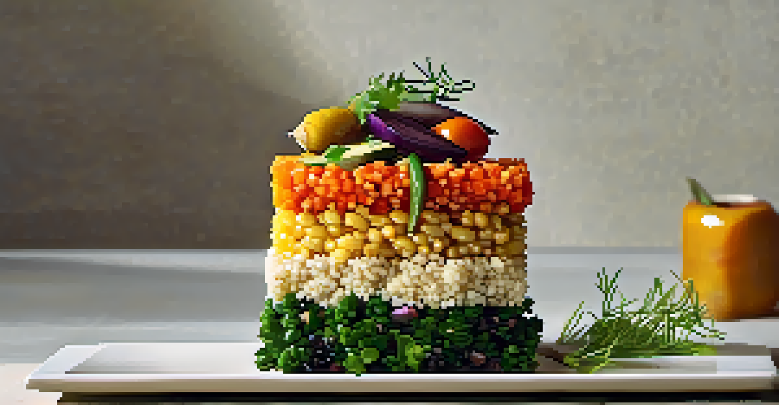 A tall stack of quinoa salad topped with roasted vegetables on a square plate, beautifully presented.
