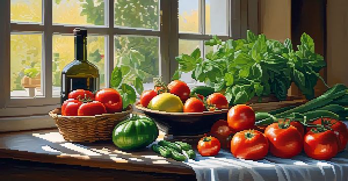 A rustic kitchen table with fresh vegetables like tomatoes and zucchini, illuminated by soft sunlight.