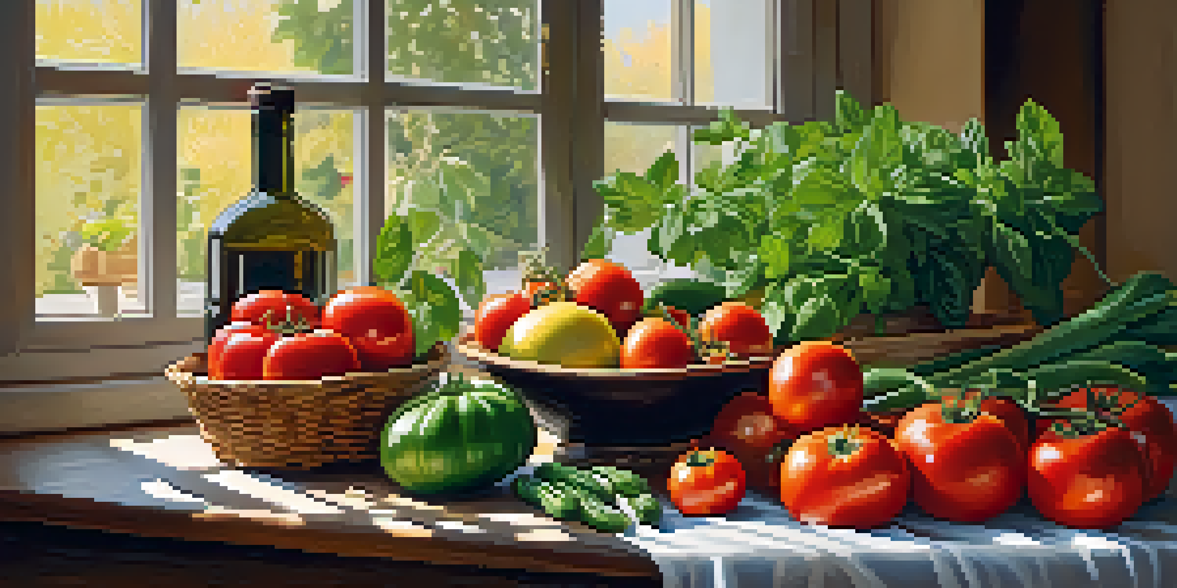 A rustic kitchen table with fresh vegetables like tomatoes and zucchini, illuminated by soft sunlight.