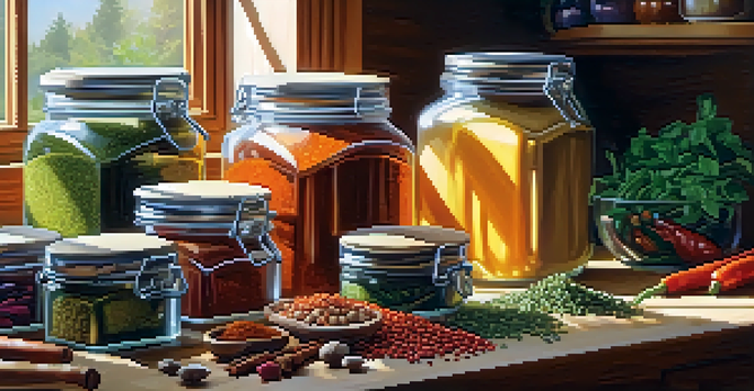 A bright kitchen filled with colorful spices in glass jars, surrounded by fresh vegetables and herbs, illuminated by sunlight.
