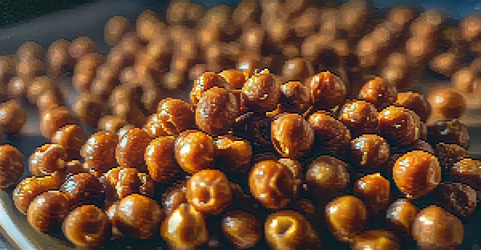 A close-up of crispy roasted chickpeas seasoned with spices, set on a baking sheet with a blurred kitchen background.