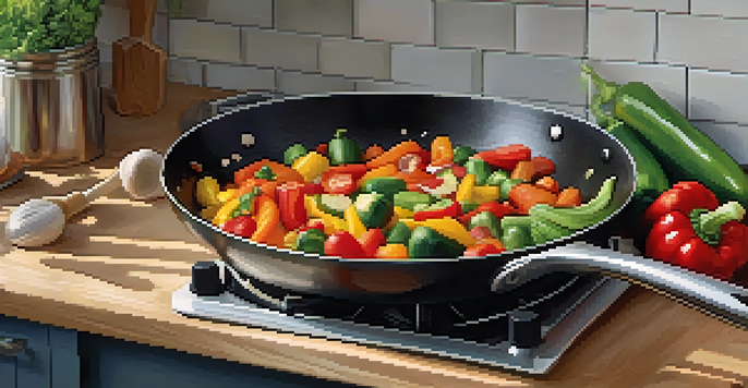 A skillet with colorful vegetables sautéing on a stove, surrounded by herbs and spices in a cozy kitchen.
