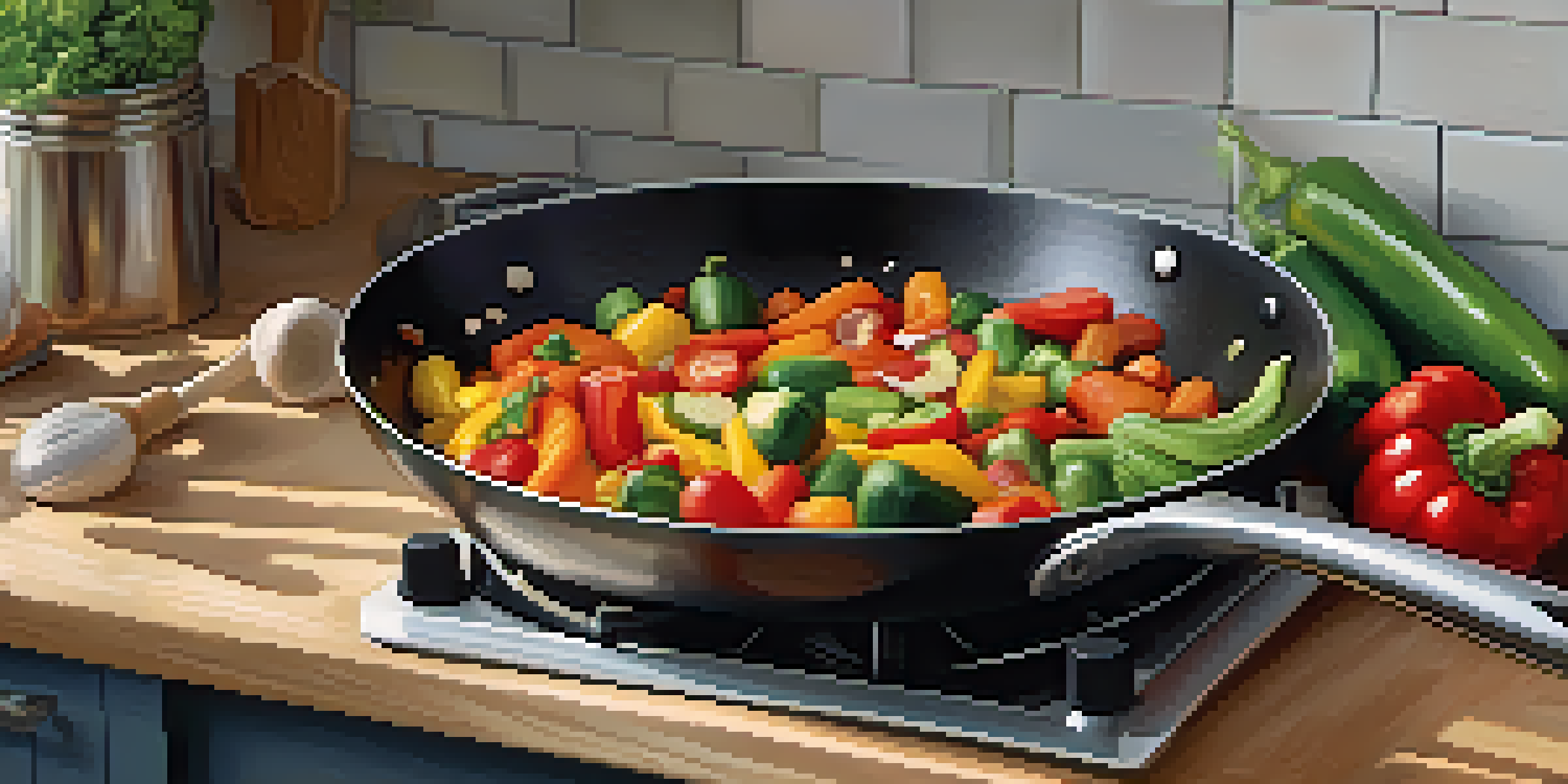 A skillet with colorful vegetables sautéing on a stove, surrounded by herbs and spices in a cozy kitchen.
