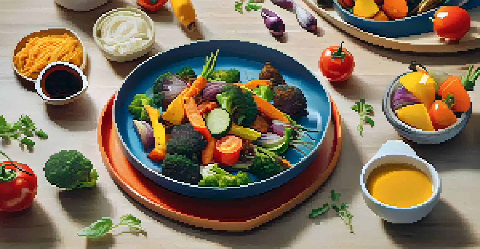 A close-up of a colorful vegetarian dish with perfectly roasted vegetables, alongside a smart air fryer in the kitchen.