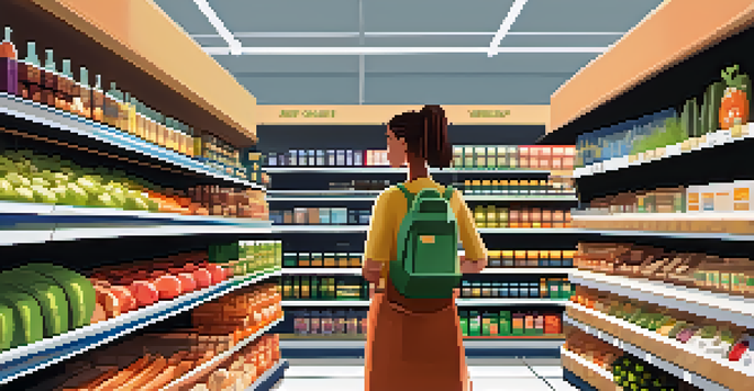 A grocery store aisle filled with vegetarian products, featuring colorful packaging and fresh produce, with a shopper looking at a product.