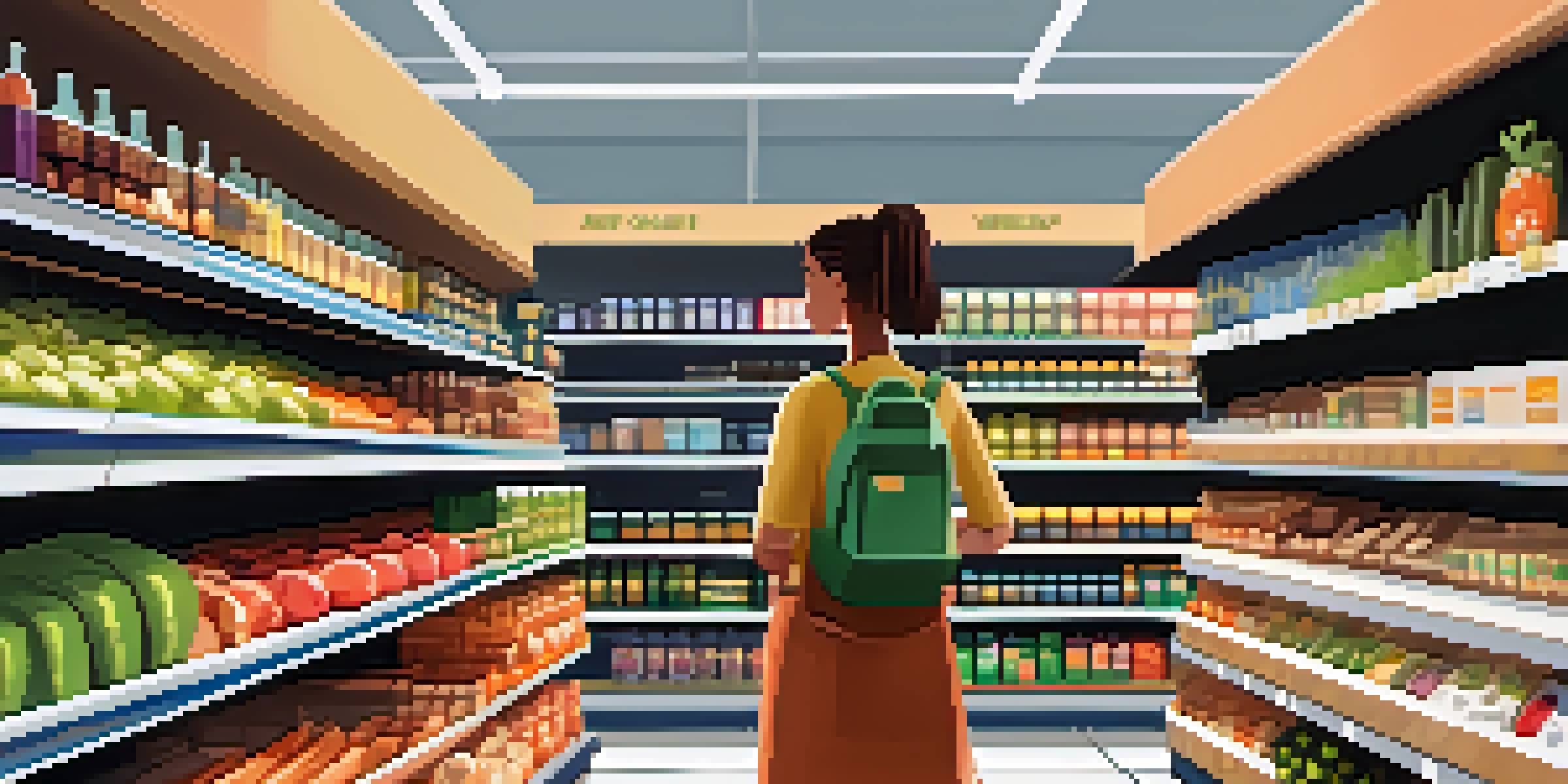 A grocery store aisle filled with vegetarian products, featuring colorful packaging and fresh produce, with a shopper looking at a product.