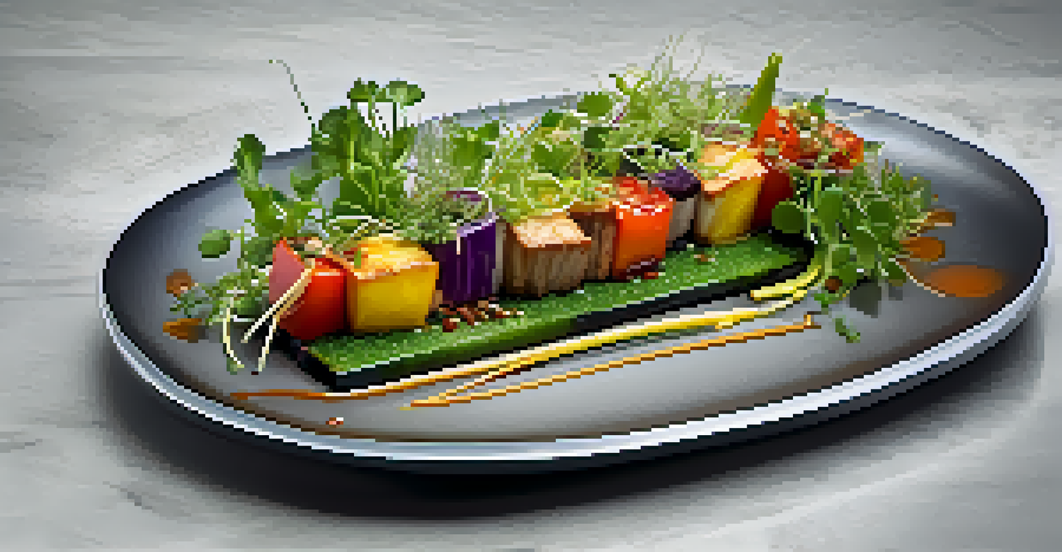A modern fusion dish with grilled vegetables and vegan protein on a minimalist plate, garnished with microgreens and sauce.