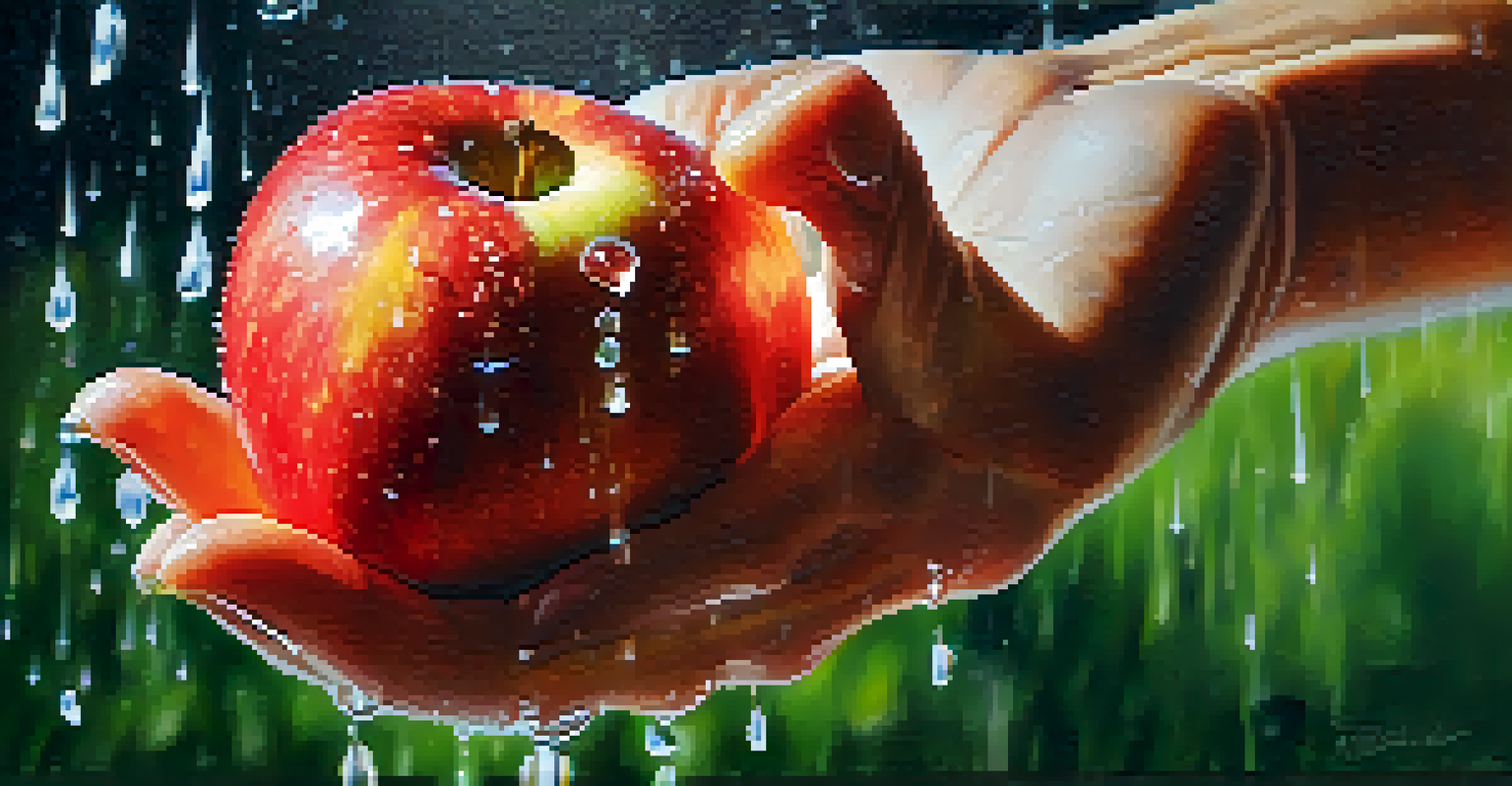 A close-up of a hand holding a fresh organic apple with water droplets, set against a blurred green background.