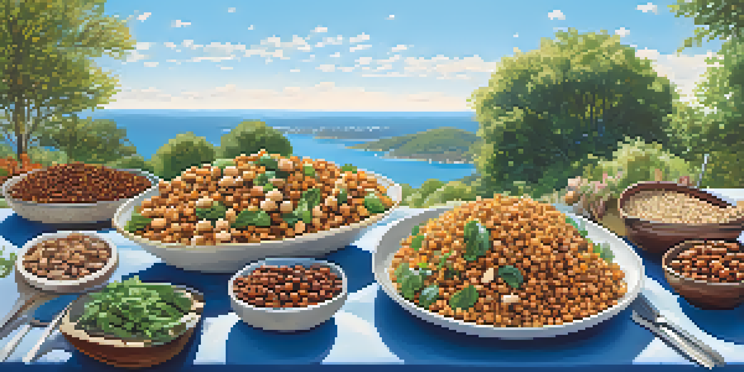 A colorful vegetarian meal display with quinoa salad, roasted chickpeas, nuts, and seeds set outdoors with a blue sky and greenery.