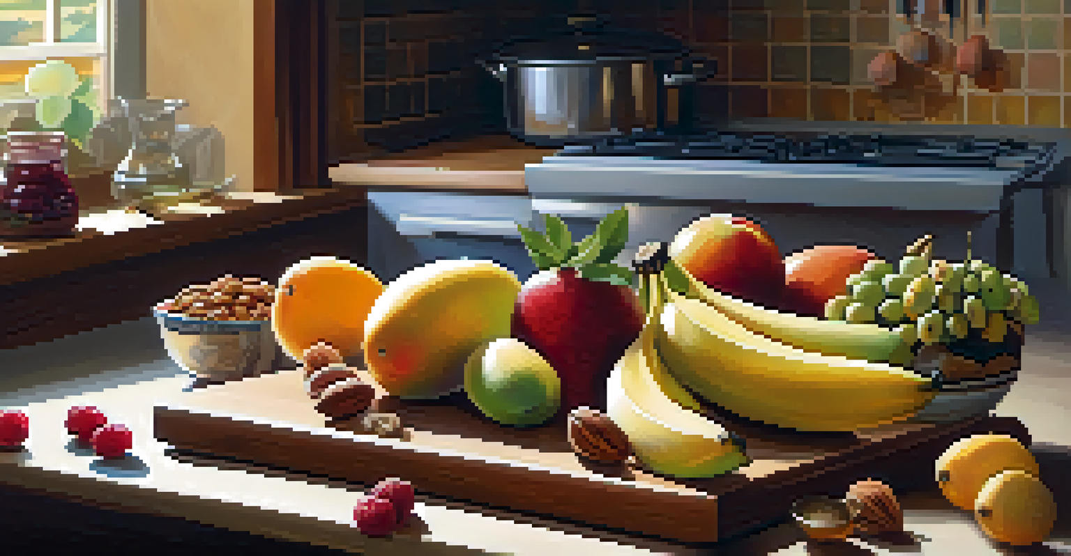 A wooden cutting board with colorful fruits and a chef's knife in a cozy kitchen setting, illuminated by warm light.