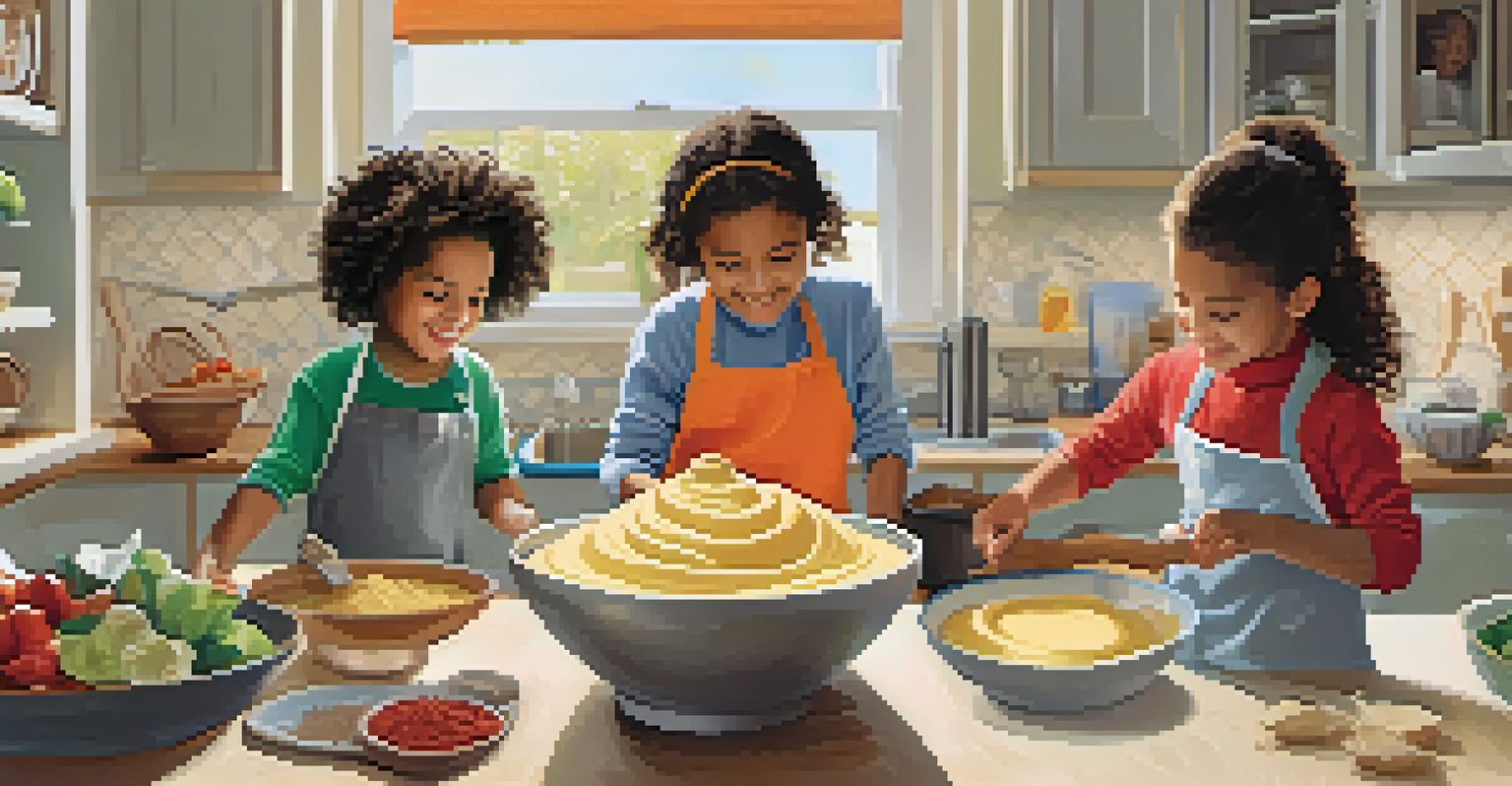 Children making hummus in a bright kitchen, surrounded by fresh ingredients.