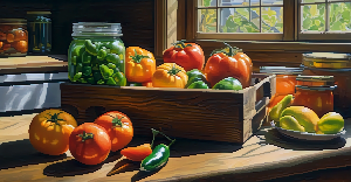 A bright kitchen with fresh vegetables and fruits on a wooden countertop, and glass canning jars in the background.