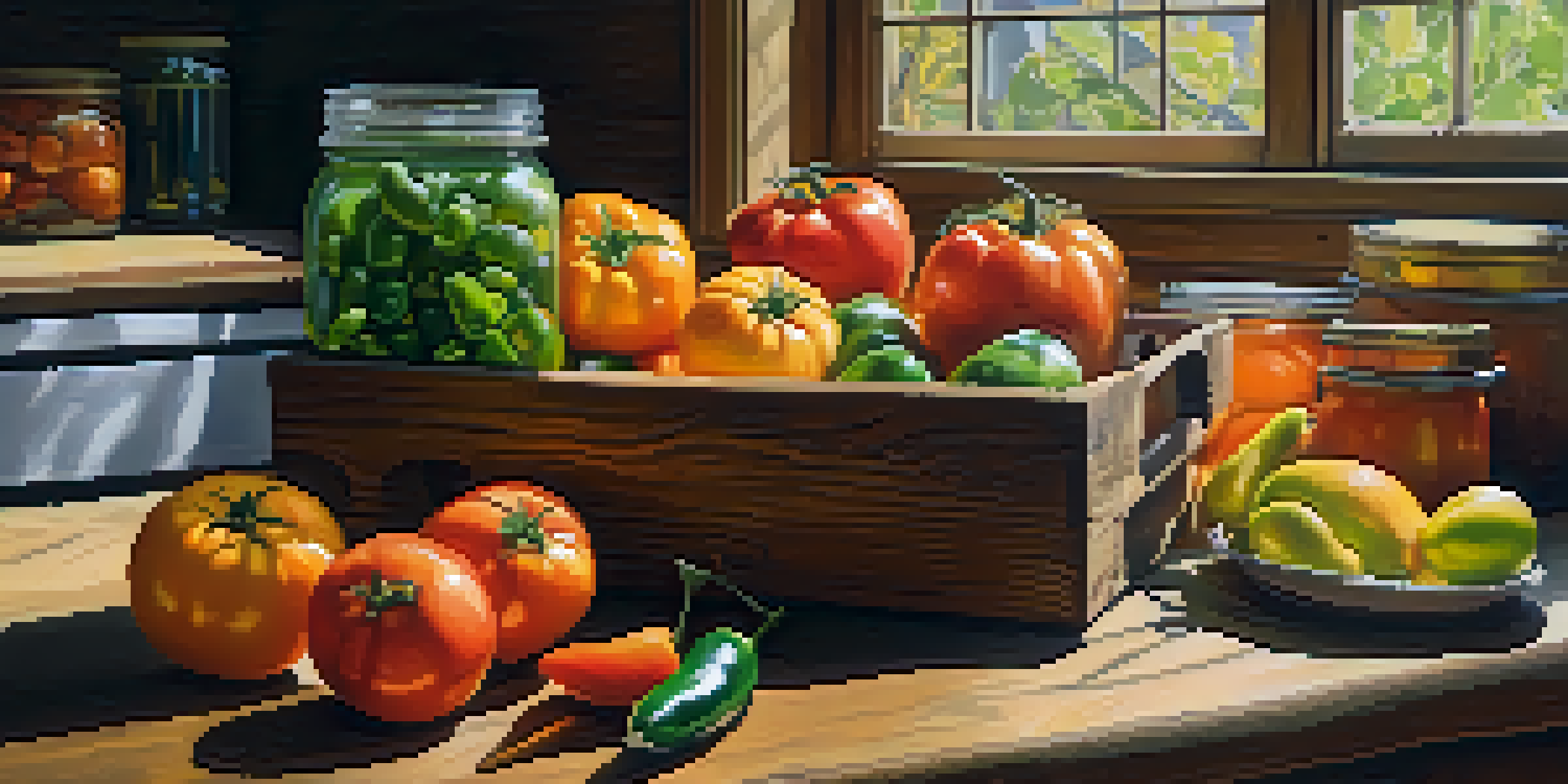 A bright kitchen with fresh vegetables and fruits on a wooden countertop, and glass canning jars in the background.