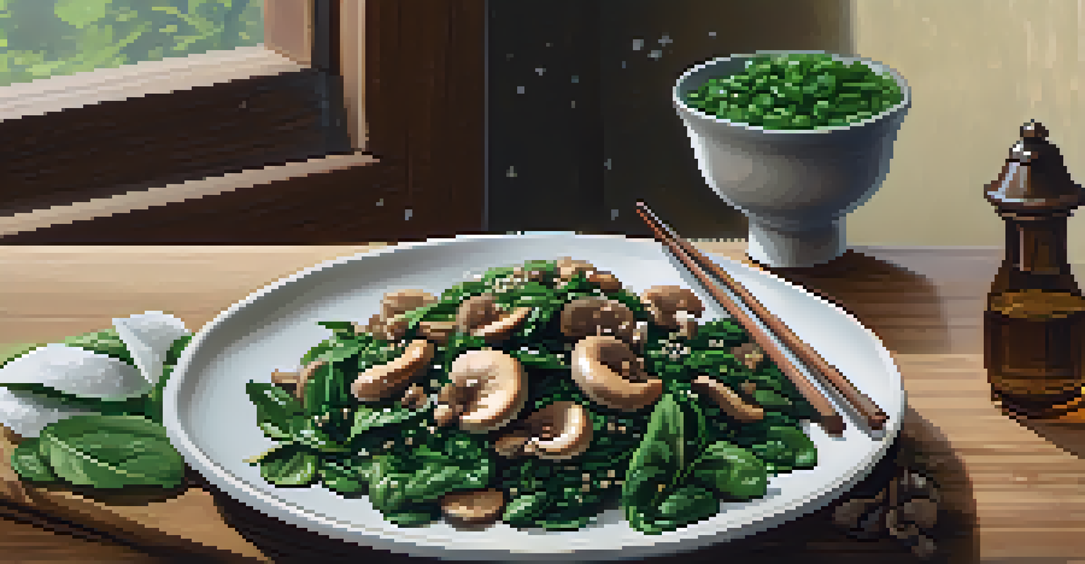 A plate of mushroom and spinach stir-fry with jasmine rice, beautifully arranged on a wooden table in soft natural light.
