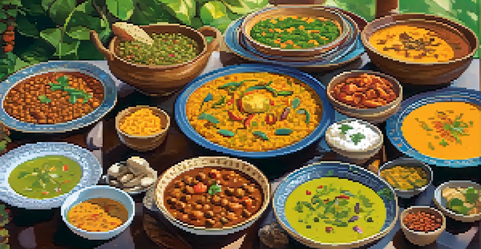 A vibrant outdoor table setting with various Indian vegetarian dishes, including lentils, vegetable curries, and naan, surrounded by greenery.