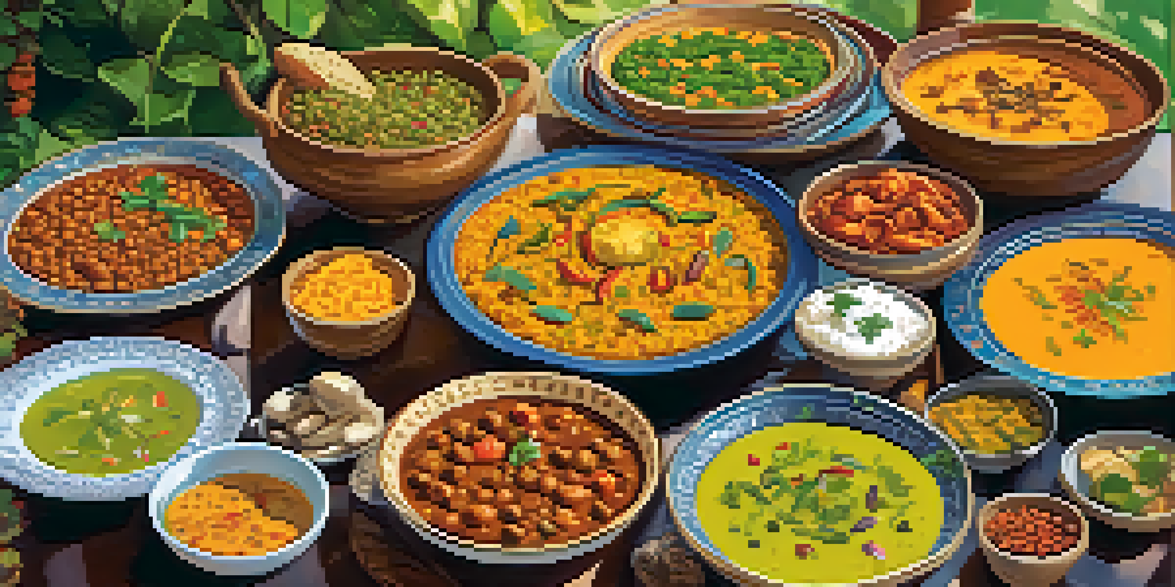 A vibrant outdoor table setting with various Indian vegetarian dishes, including lentils, vegetable curries, and naan, surrounded by greenery.