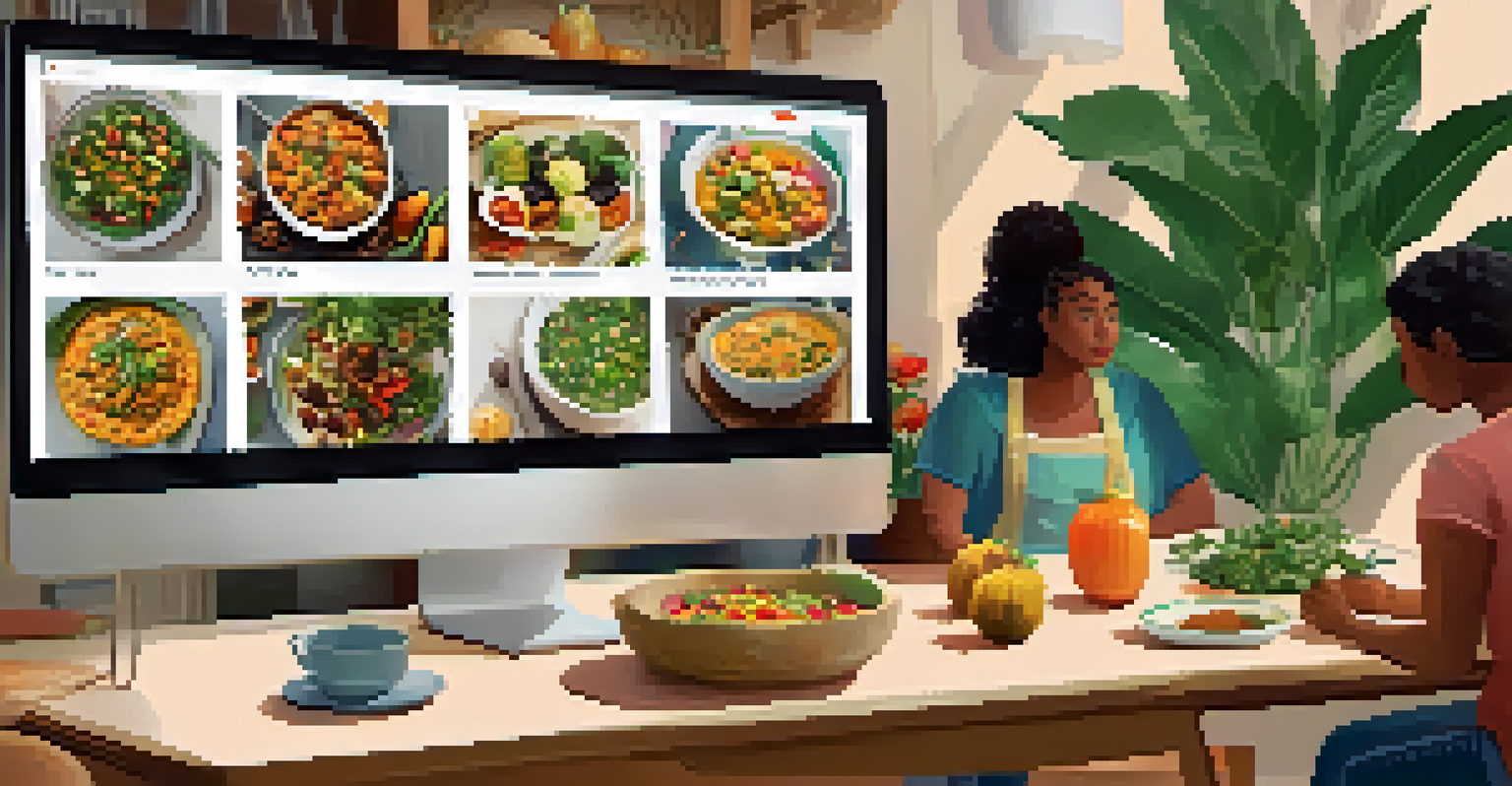 A virtual meeting of diverse individuals sharing vegetarian recipes on a computer screen.