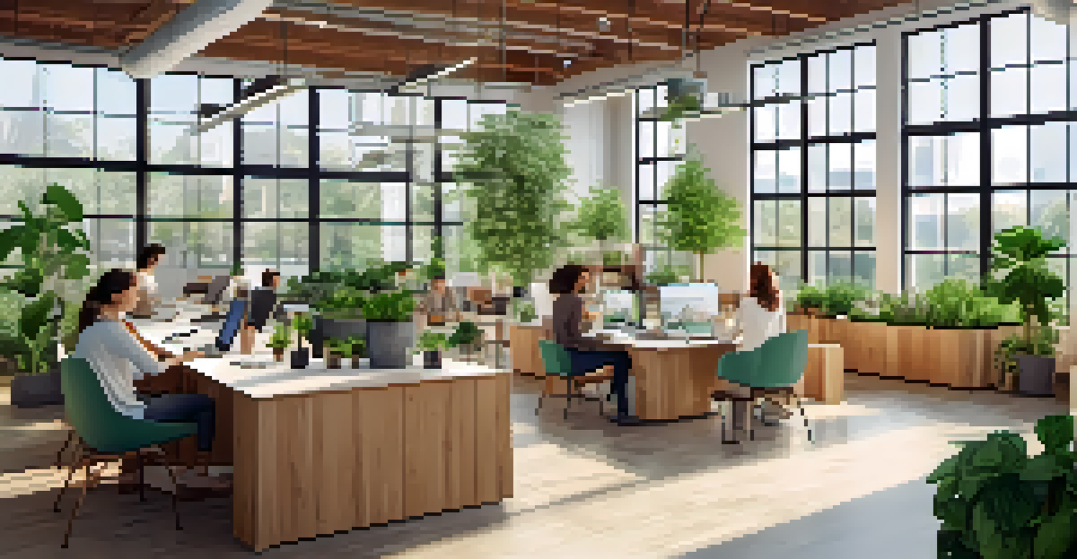 An eco-friendly office of a vegetarian startup with employees working together and surrounded by plants and natural light.