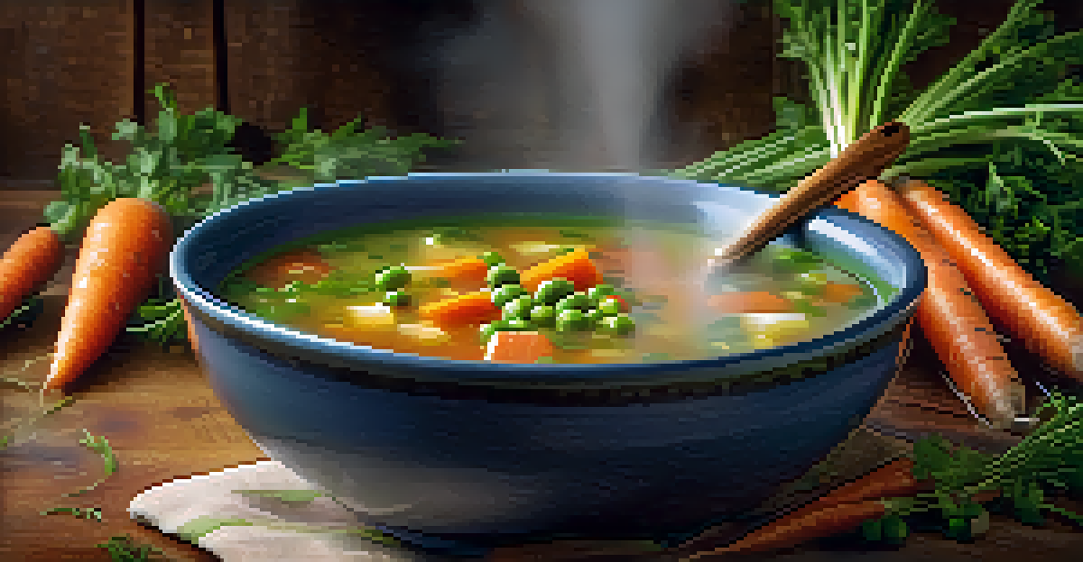 A close-up of vegetable soup being reheated on a stovetop, with colorful ingredients and a cozy kitchen background.