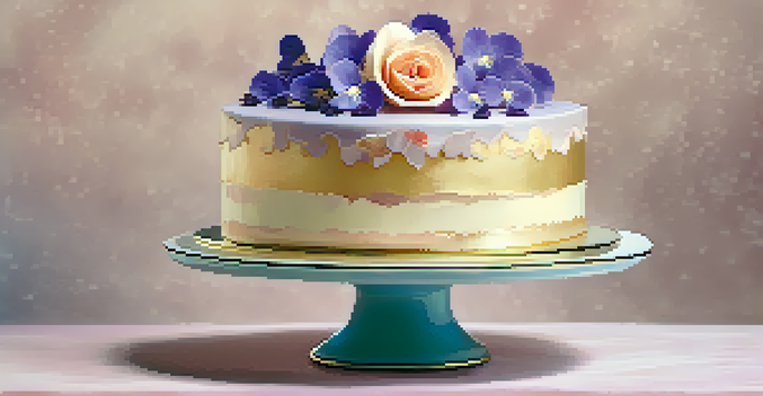 An elegantly decorated cake topped with violets and rose petals, displayed on a cake stand with a soft pastel background.