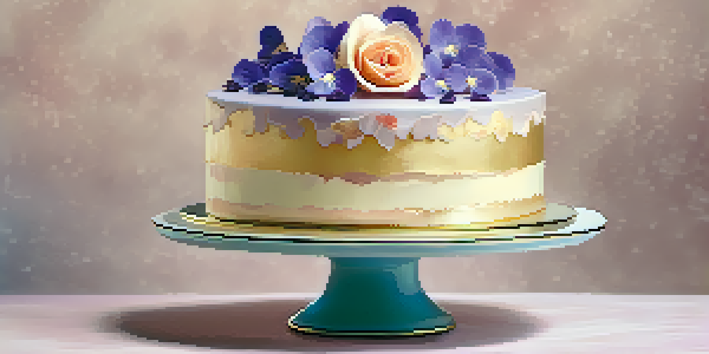 An elegantly decorated cake topped with violets and rose petals, displayed on a cake stand with a soft pastel background.