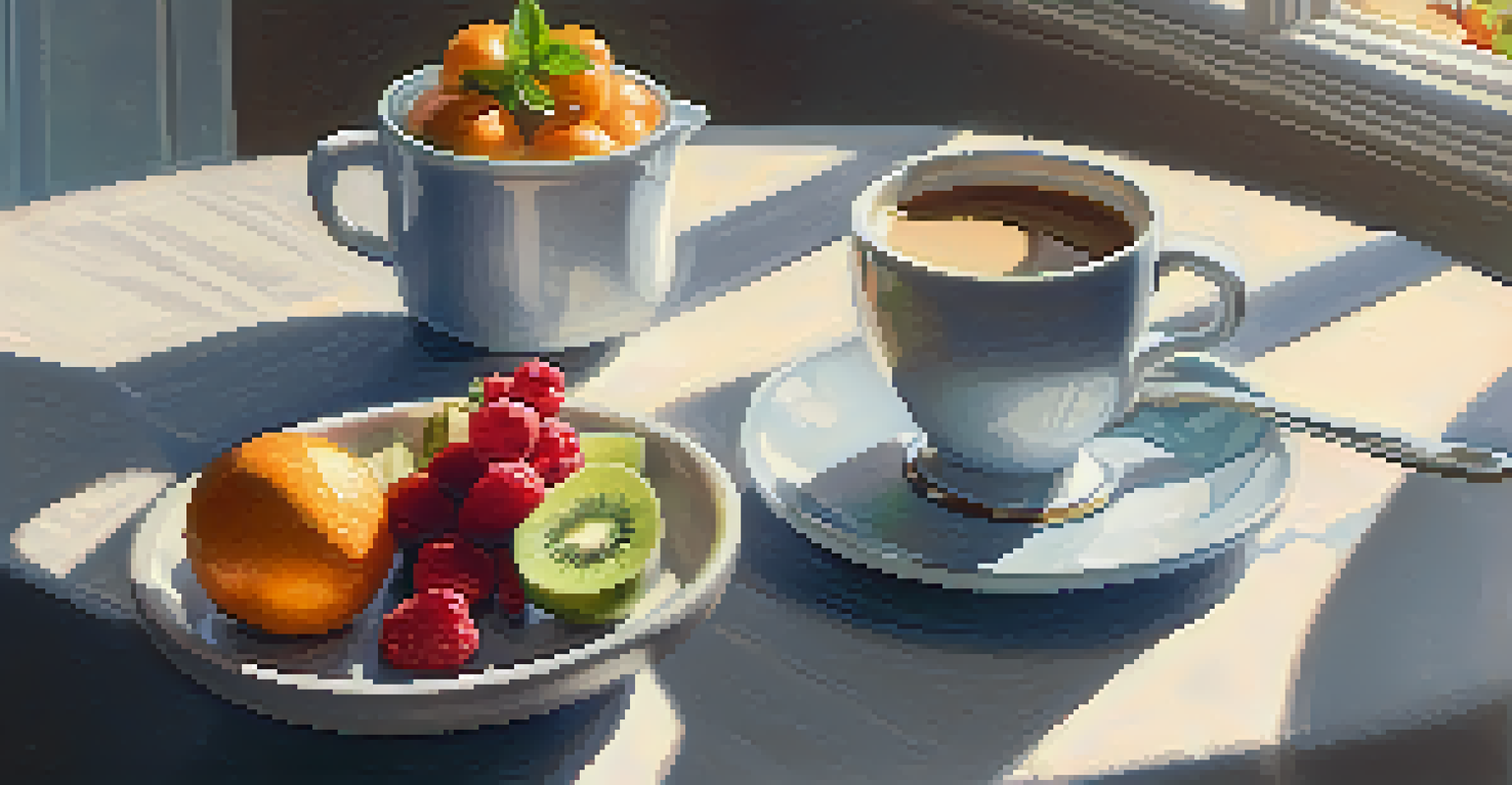 A breakfast scene with a cup of coffee, oatmeal with fruits, and monk fruit on a table, illuminated by soft sunlight for a cozy ambiance.
