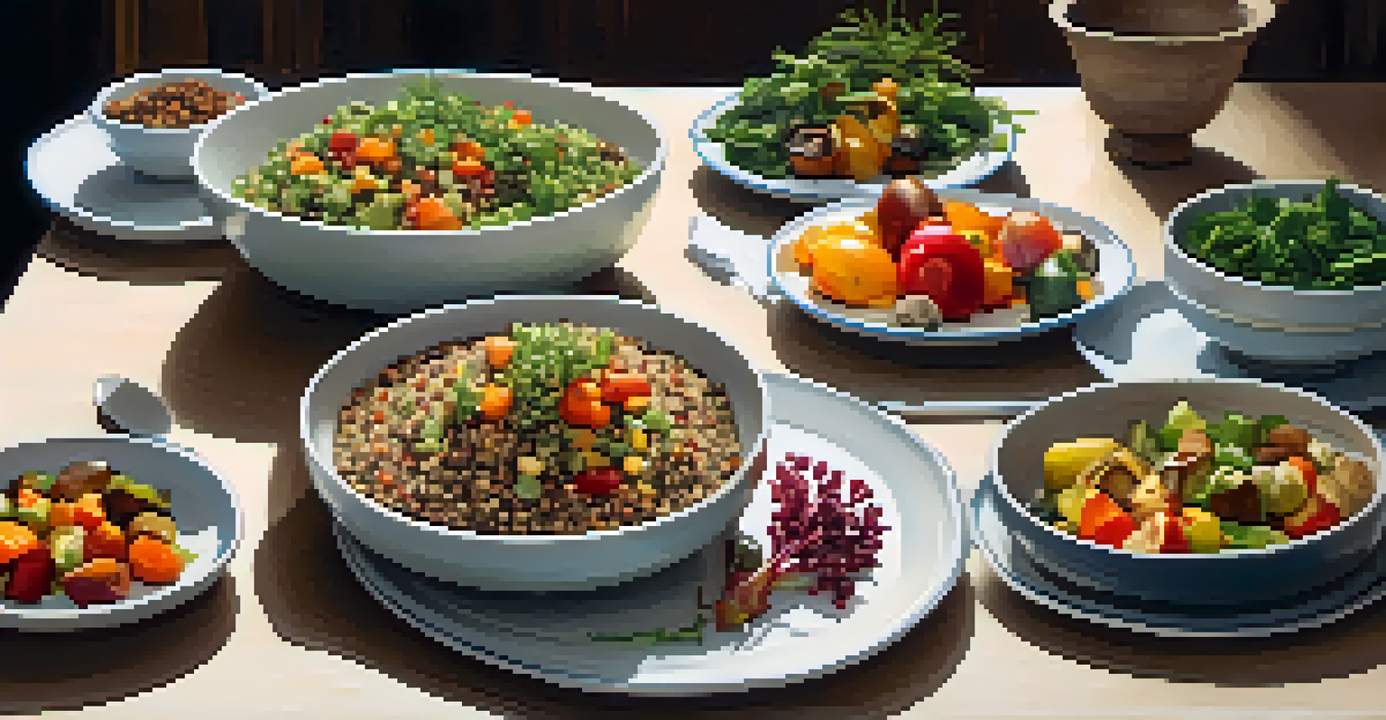 A beautifully arranged tabletop with various vegan and vegetarian dishes, including a quinoa salad and roasted vegetables, set in soft natural light.