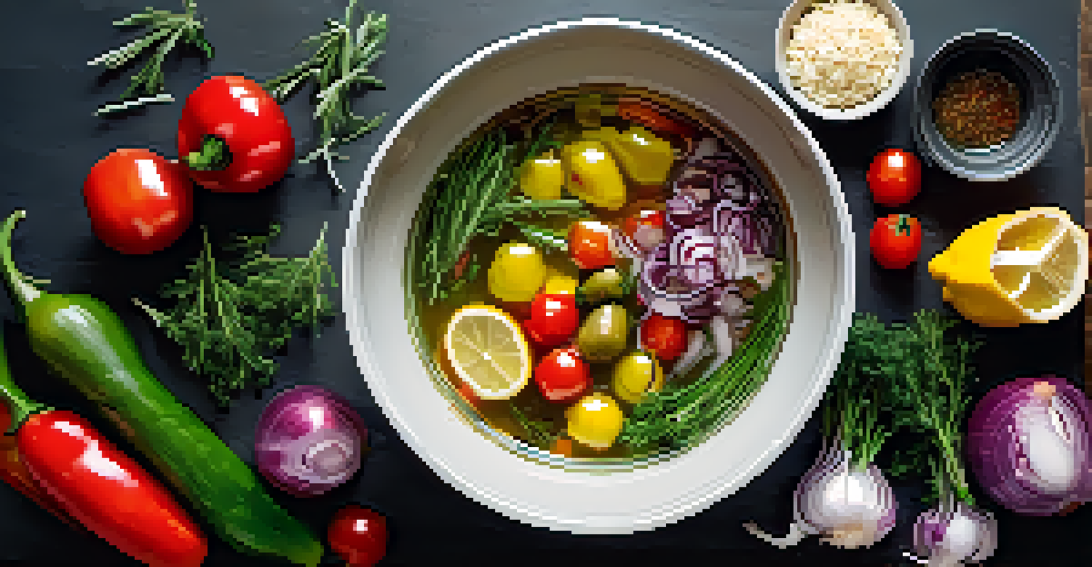 A glass bowl of Mediterranean marinade with fresh vegetables like bell peppers and cherry tomatoes around it, all in a bright setting.