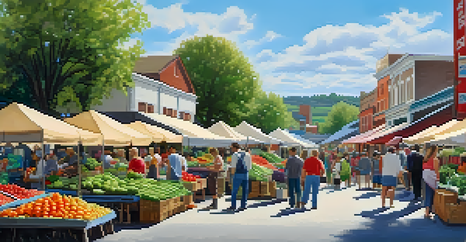A lively farmer's market with people choosing fresh organic produce.