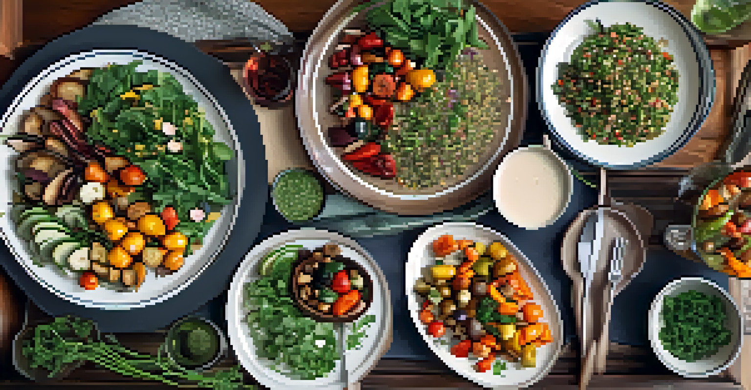 A colorful vegetarian platter with quinoa salad, roasted vegetables, and greens, beautifully arranged under natural light.