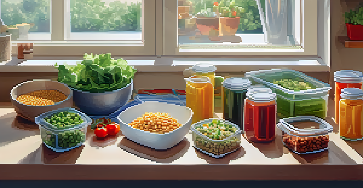 An overhead view of a meal prep scene with containers of chopped vegetables, grains, and legumes, with a bright and warm kitchen ambiance.