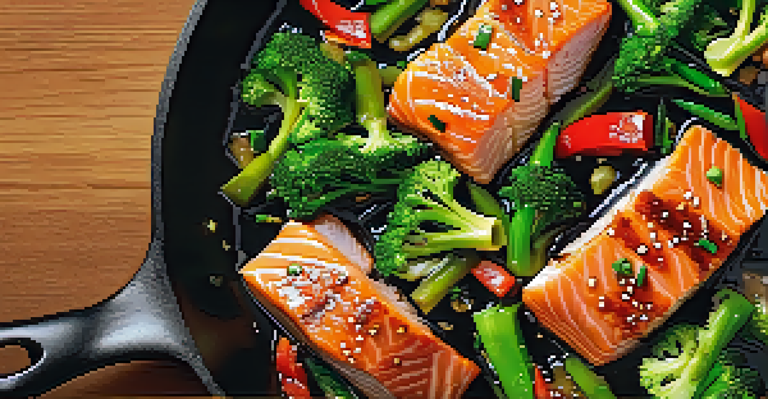 A sizzling salmon and vegetable stir-fry in a black skillet with colorful vegetables and a wooden spatula on a countertop.