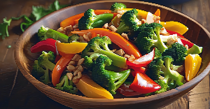 A colorful vegetable stir-fry with fresh vegetables in a wooden bowl, illuminated by soft natural light.
