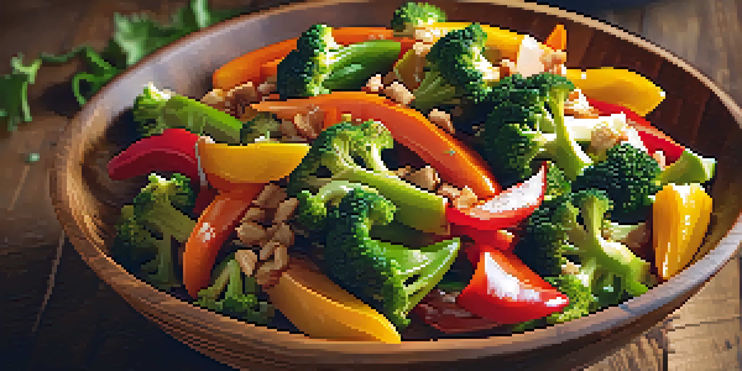 A colorful vegetable stir-fry with fresh vegetables in a wooden bowl, illuminated by soft natural light.