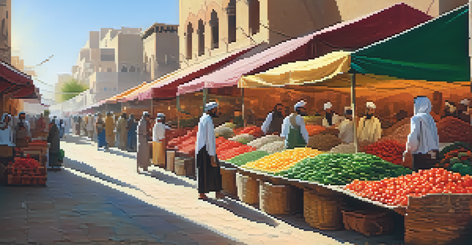 A bustling Middle Eastern market with colorful vegetables and spices, sunlight filtering through an awning.